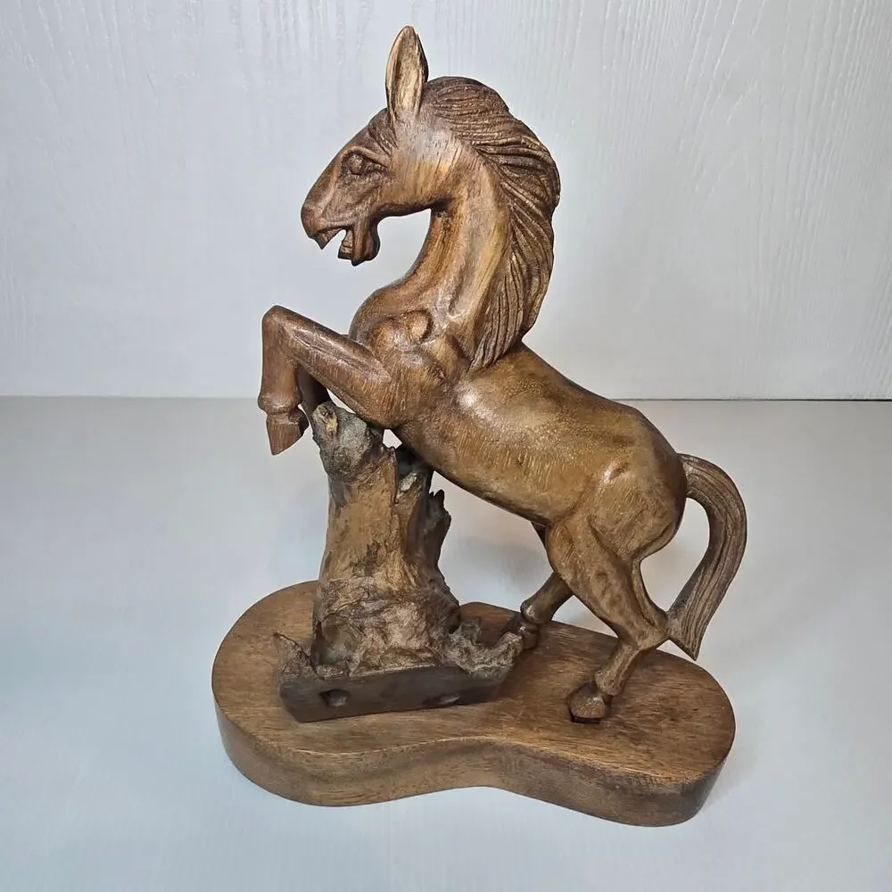 Vintage Wood Hand Carved Rearing Jumping Horse Statue with Base 2 Piece *CHIP*